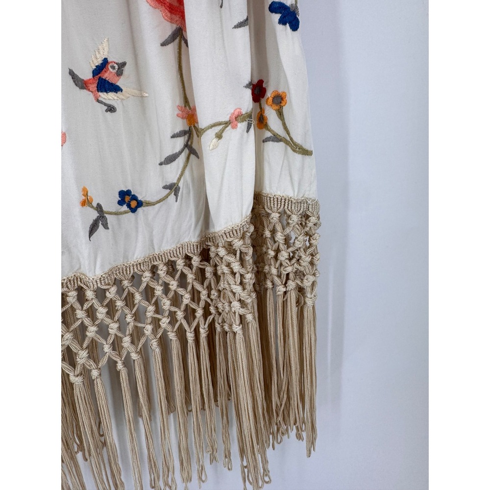 Anthropologie Halter Top Women Size 8 Ivory Embroidered Fringe Boho Bird - Picture 13 of 14